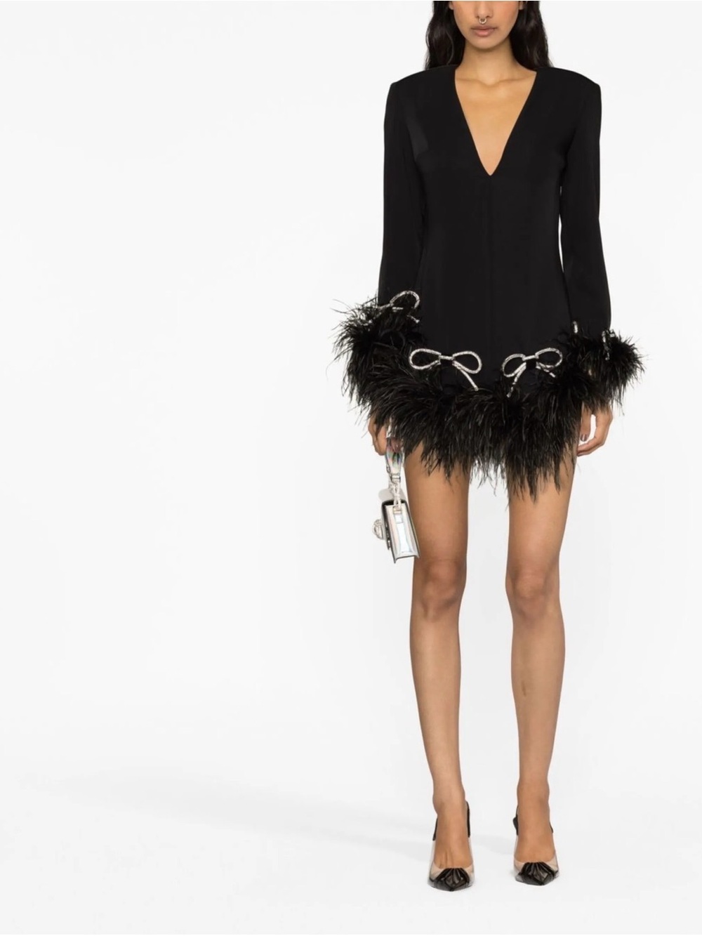 Loulou Studio Black Feather-Trim Mini Dress with Bow Embellishments
